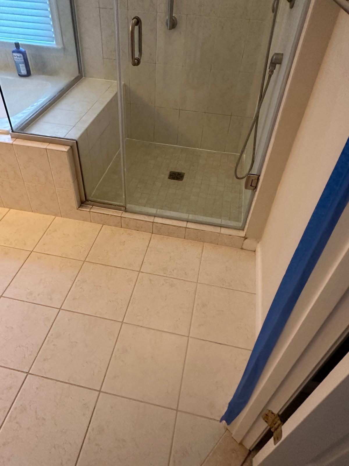 Tiled shower enclosure with darkened, stained grout across the pan and walls