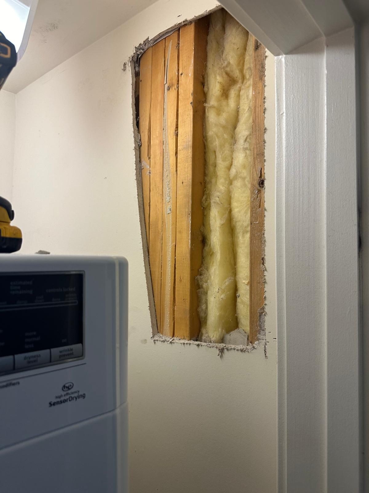 Laundry area wall cut open beside the dryer, exposing studs and wet insulation
