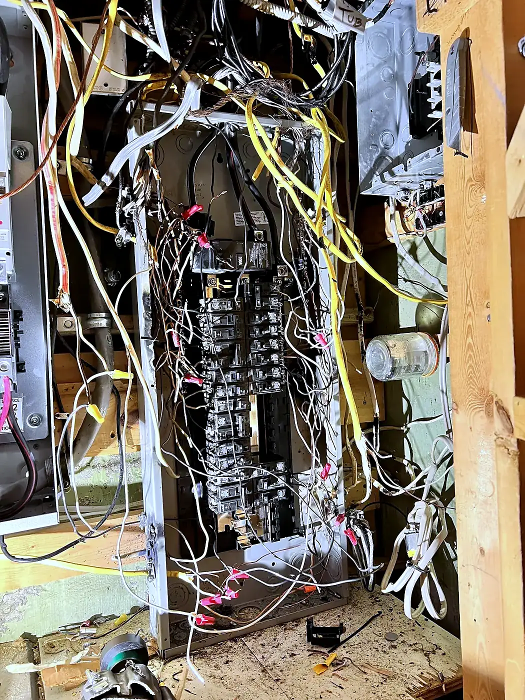 Mass of loose yellow and white electrical cables spilling from a gutted panel in a framed wall