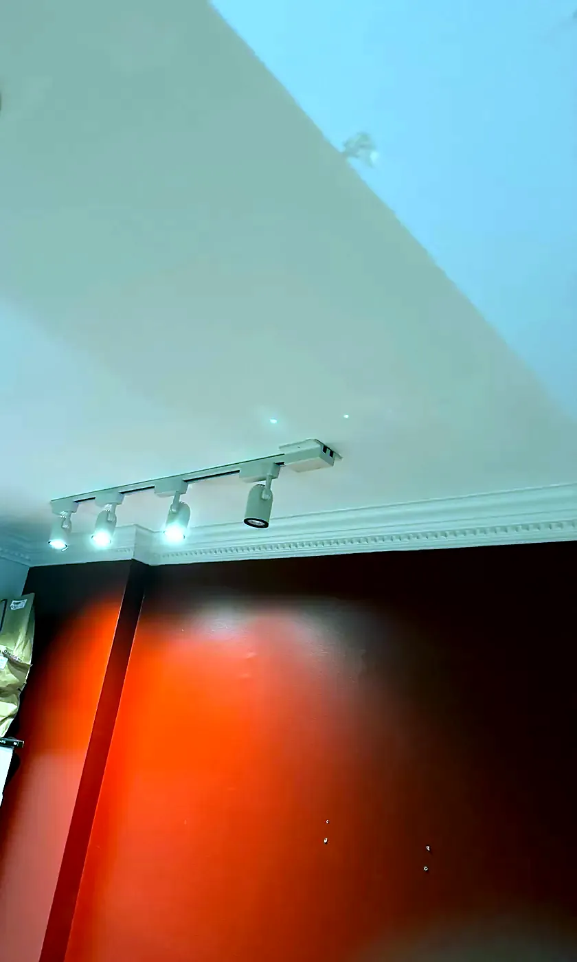 Track light with four heads on a white ceiling above a bright red wall, boxes stacked below