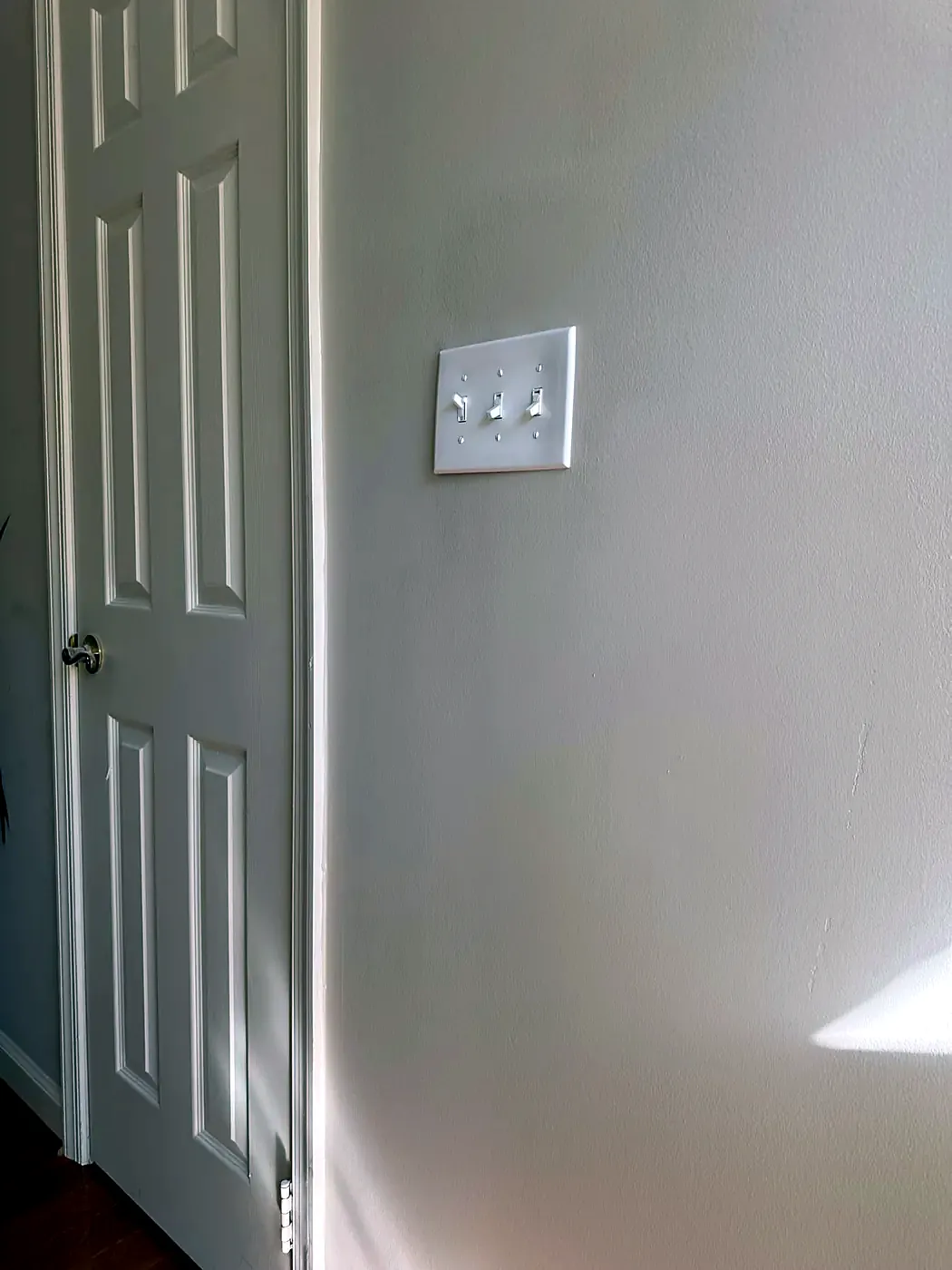 White three-toggle switch plate on a smooth painted wall next to a white door