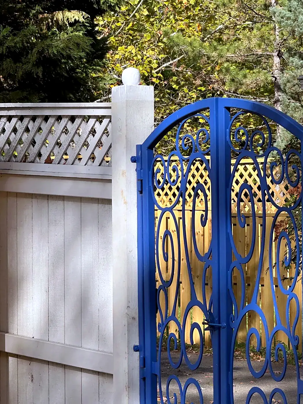 Off-white painted wood fence with lattice top next to a bright blue ornamental iron gate and concrete pillar