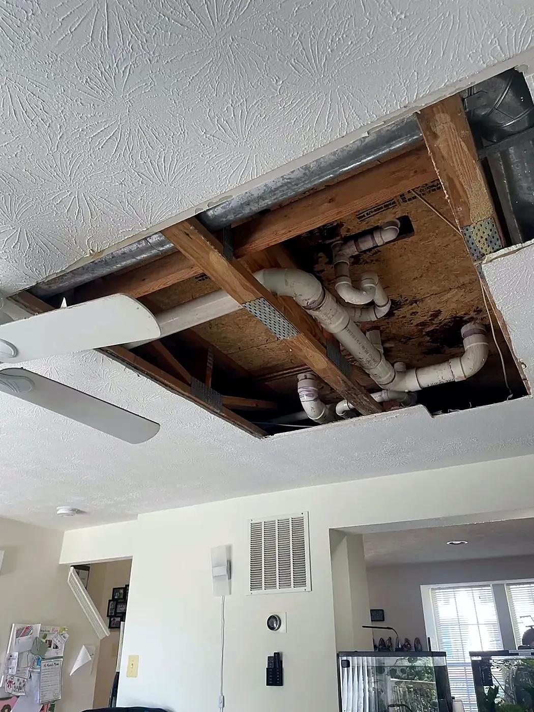 Rectangular hole cut in a textured ceiling exposing white PVC drain pipes and joists, ceiling fan nearby