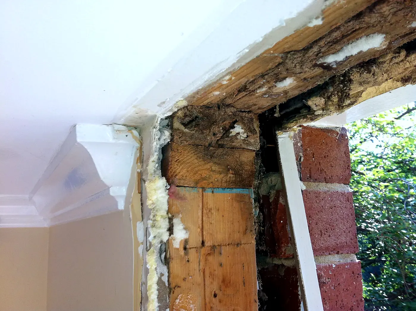 Exterior door frame with trim removed showing rotted wood and spray foam next to a brick wall, interior view