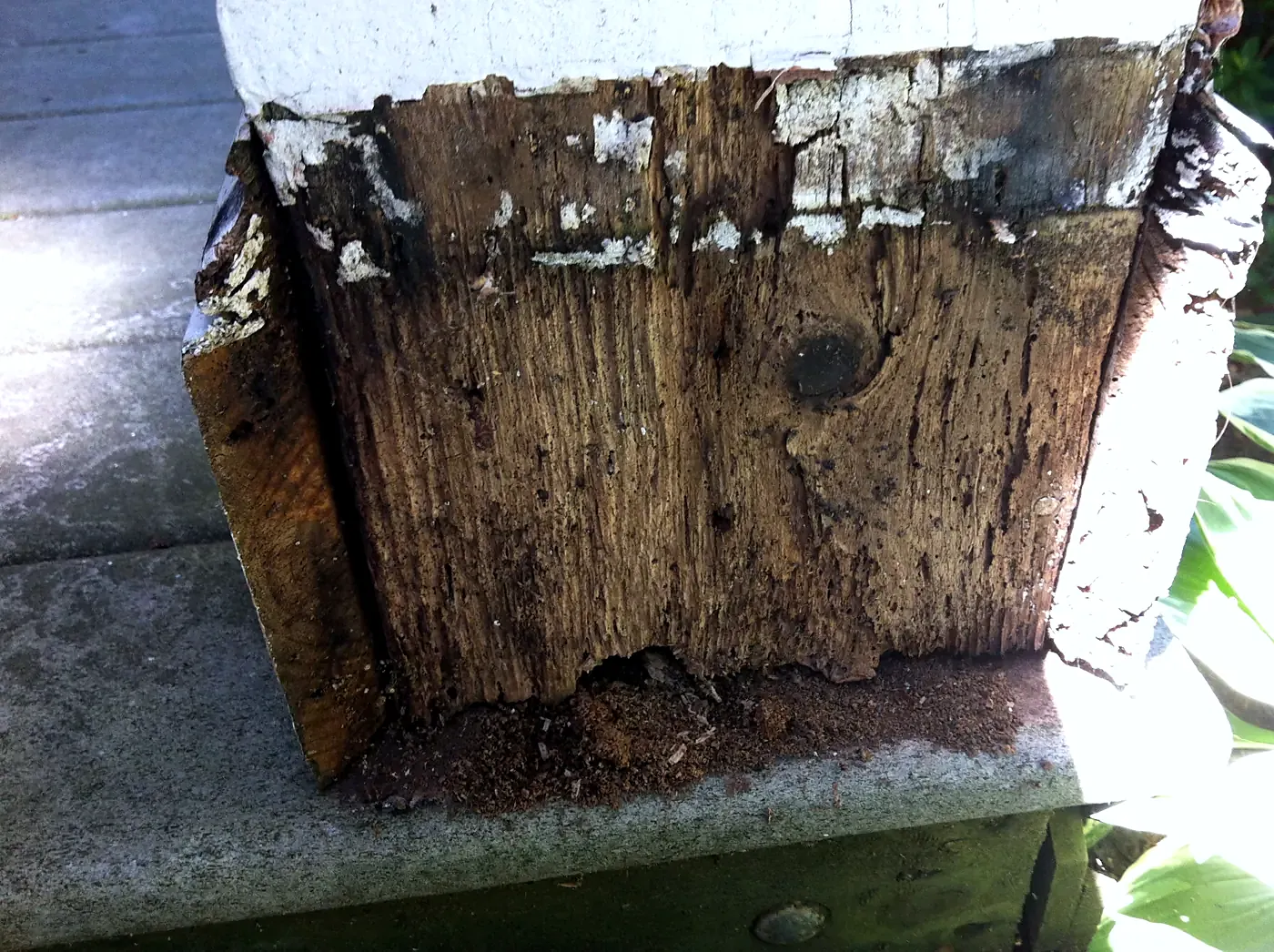 Close-up of a rotted wood post base with crumbling dark end grain on a stone cap, peeling white paint