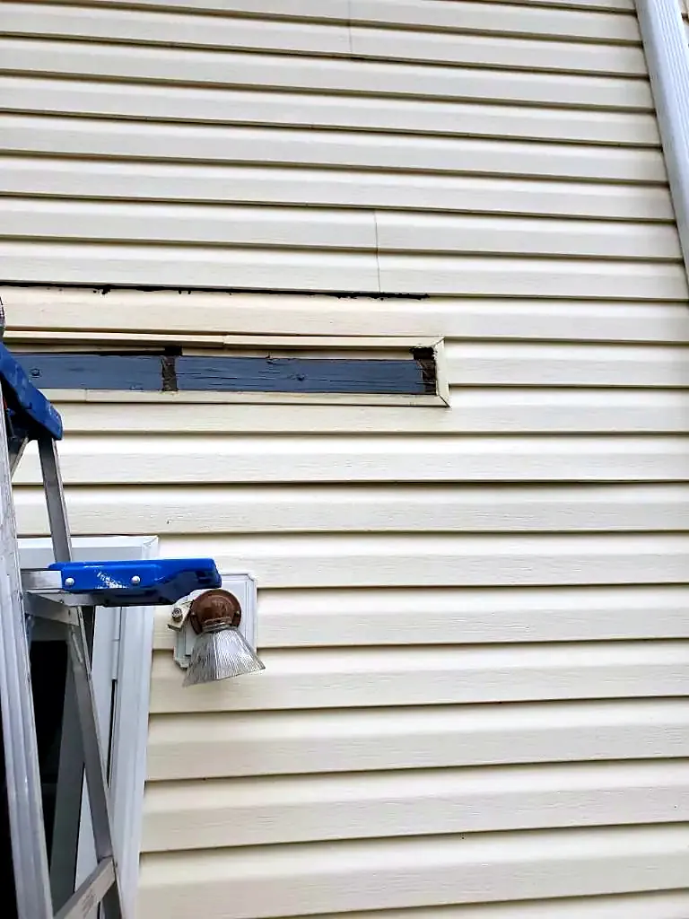 Close view of cream vinyl siding with one course missing beside a window and a ladder at left