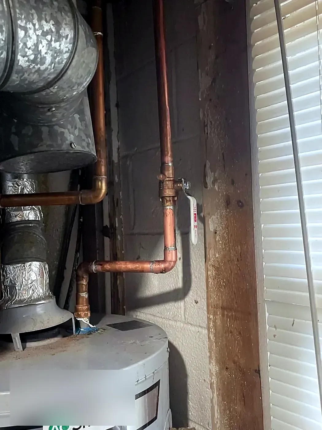 Gas water heater with a galvanized flue and copper piping beside a louvered door in a basement