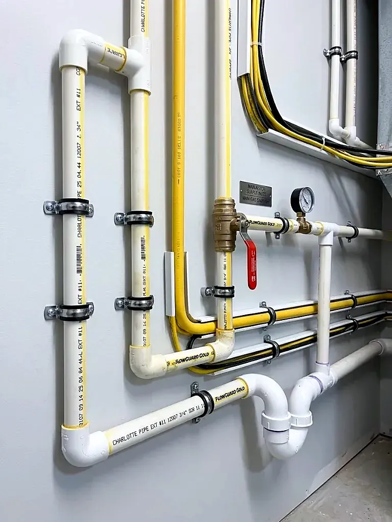 White PEX and copper water lines strapped to a wall with a pressure gauge and a yellow gas line