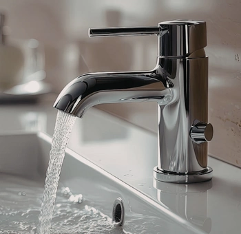 close-up of a repaired chrome bathroom faucet with steady water flow after a bathroom faucet leak repair in ashburn va.
