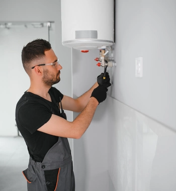 a certified technician in safety gear performs boiler repair services in annandale va, using a wrench to secure pressure fittings on a wall-mounted heating unit.
