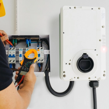 close-up of a technician testing circuit voltage with a multimeter next to a wall-mounted unit during an ev charger installation in vienna va.