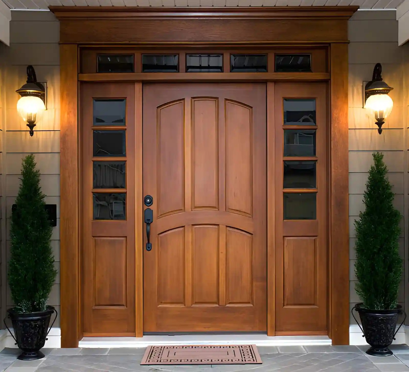wooden front entry door with glass side panels and exterior lighting, showcasing a professionally repaired exterior door.