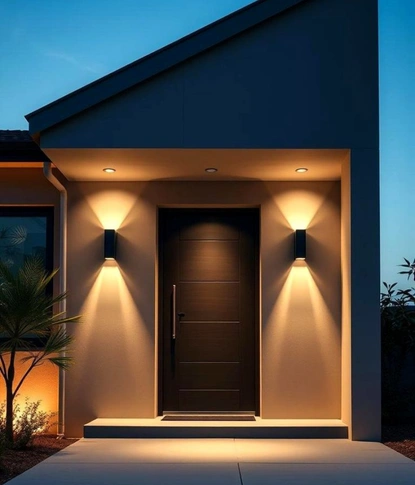 symmetric modern exterior wall sconces and recessed soffit lights illuminating a dark wood front door during a professional flood light installation in annandale va.