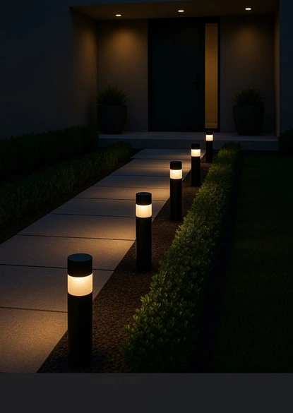 a row of modern black bollard path lights illuminating a stone walkway, installed by expert flood light electricians in oakton va.