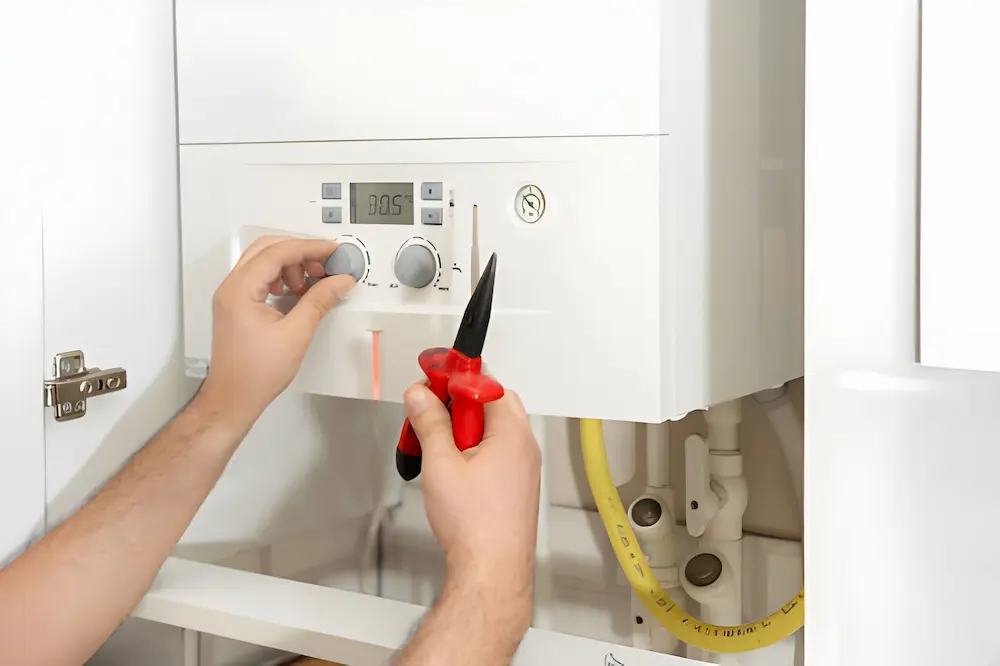 hands adjusting the control knobs on a residential boiler while holding a screwdriver during heating system maintenance. heating repair in centreville va
