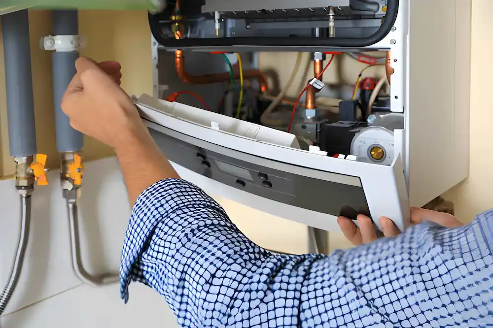 technician removing the front control panel of a residential boiler during heating system maintenance. heating repair in reston va