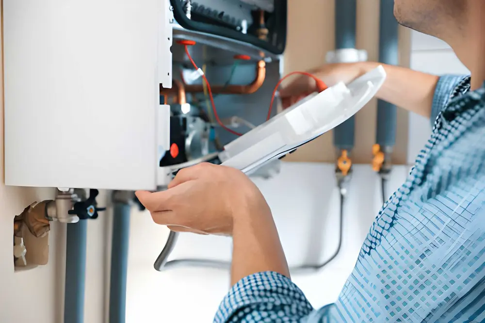 technician inspecting internal wiring and sensors of a wall-mounted furnace during a heating repair in ashburn va.