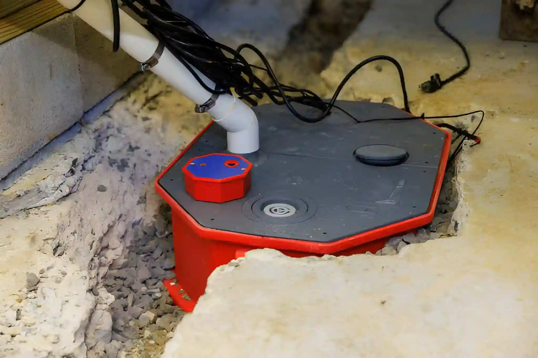 sump pump system installed in a basement pit with discharge pipe and wiring connections.