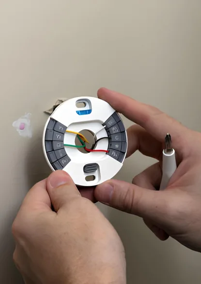 close-up of hands wiring a google nest backplate during a thermostat repair in mclean va.