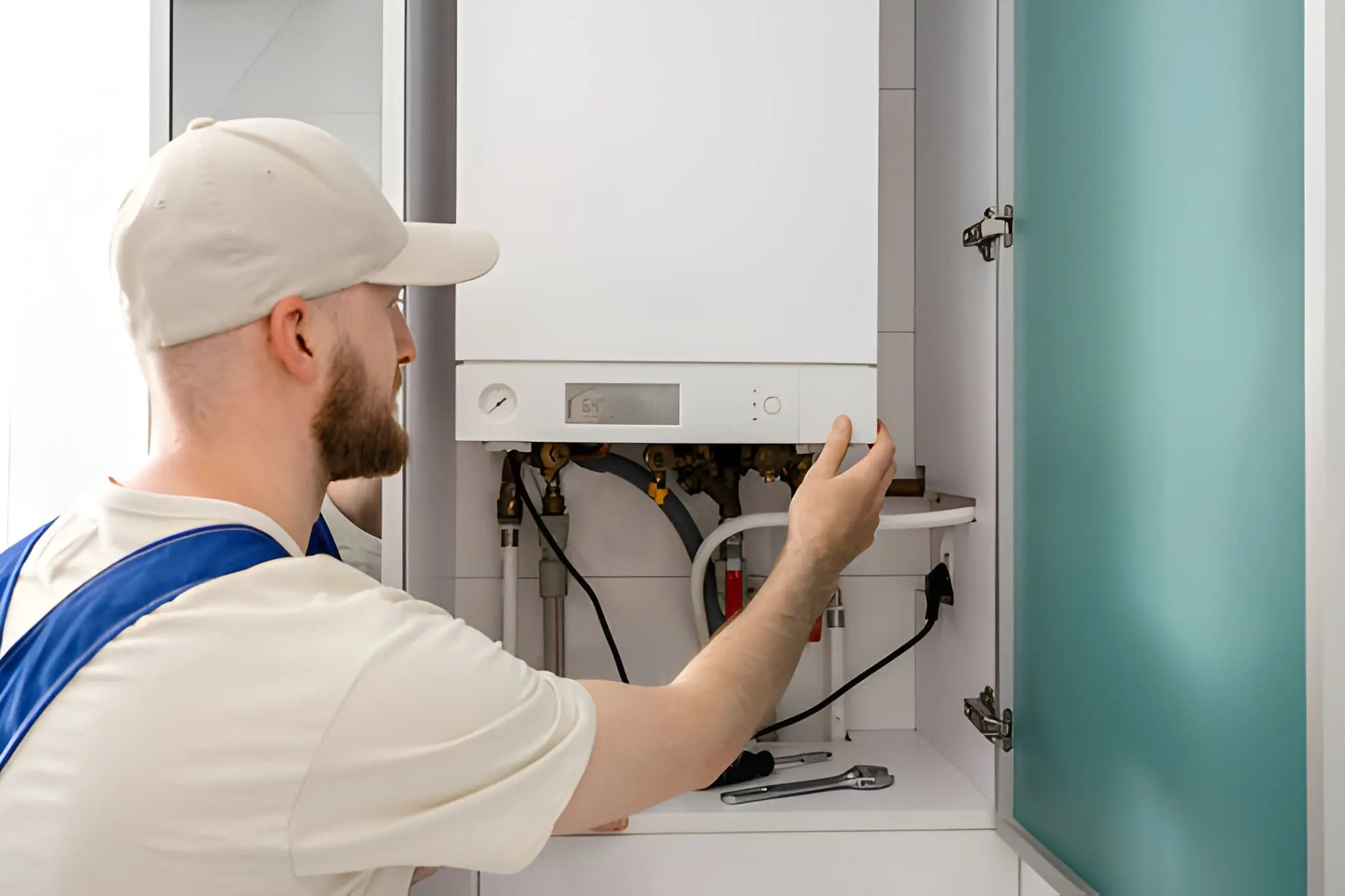 hvac technician inspecting and adjusting a residential furnace unit inside a home cabinet.