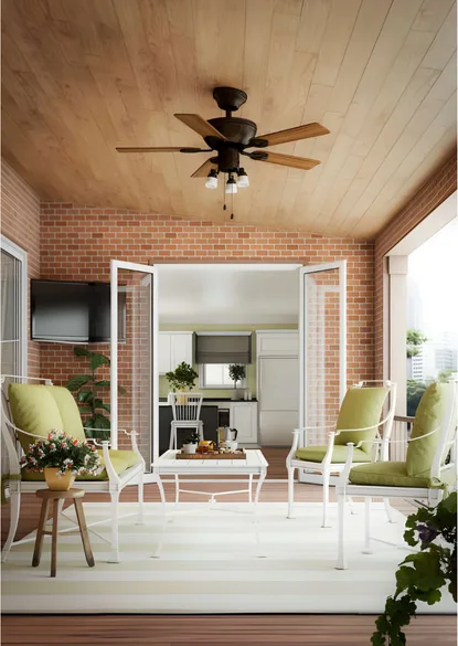 traditional dark wood-blade ceiling fan on a porch, representing a unit requiring professional ceiling fan repair in arlington va.
