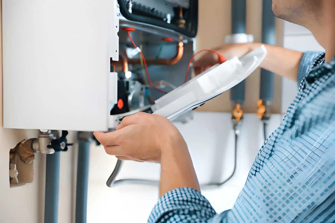 hvac technician opening the front panel of a wall-mounted furnace or boiler to inspect internal wiring and components during a repair or maintenance service. furnace installation near me in falls church va