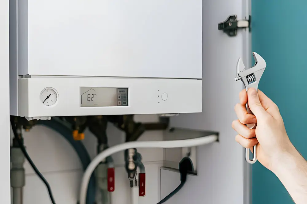 local heating repair in lorton va with technician holding wrench near residential boiler system.