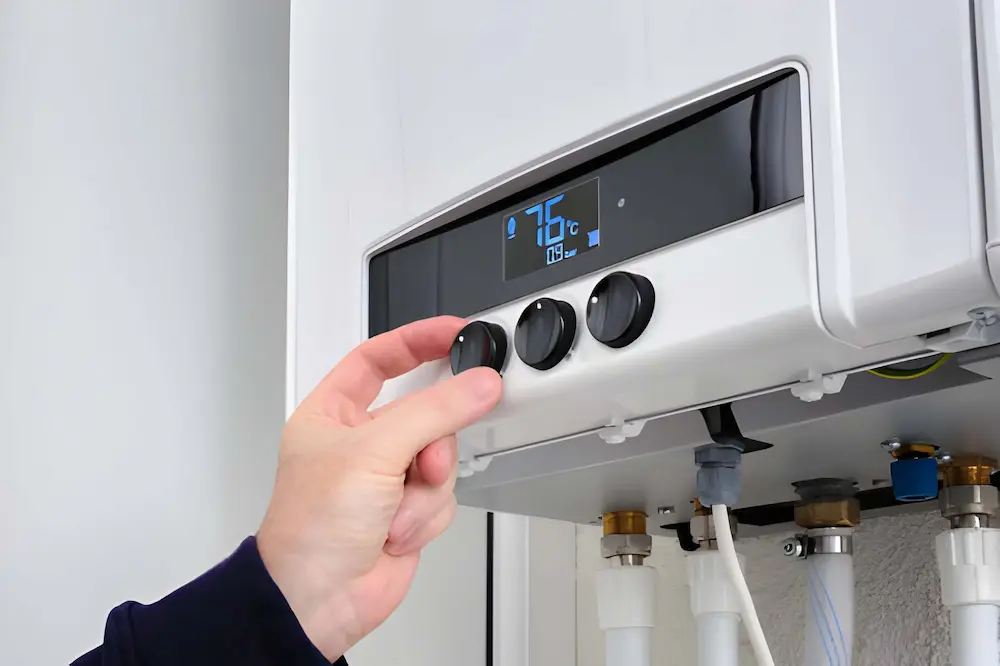hand adjusting the temperature control buttons on a residential boiler display. local heating repair in oakton va