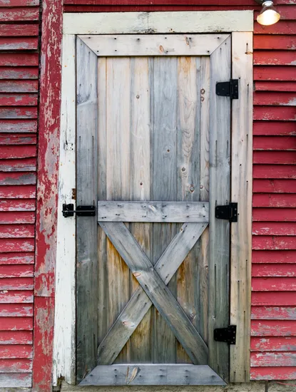 professional barn door repair in herndon va showing a weathered gray wooden barn door with a cross-buck design and black iron hinges on a red-sided building.