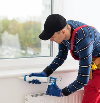 professional applying bathroom caulk in fairfax station virginia using a caulking gun to create a waterproof seal on an interior window sill.