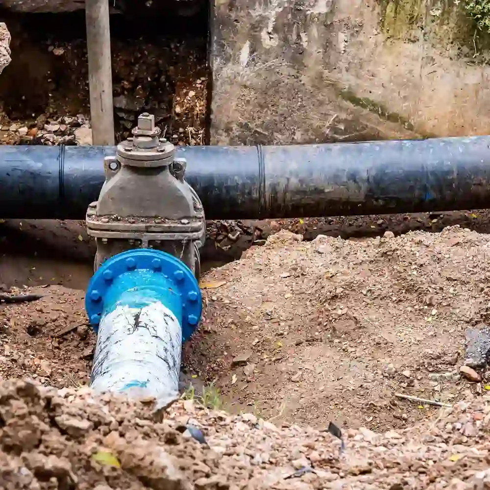 exposed underground sewer pipe and valve during clogged sewer line repair service.