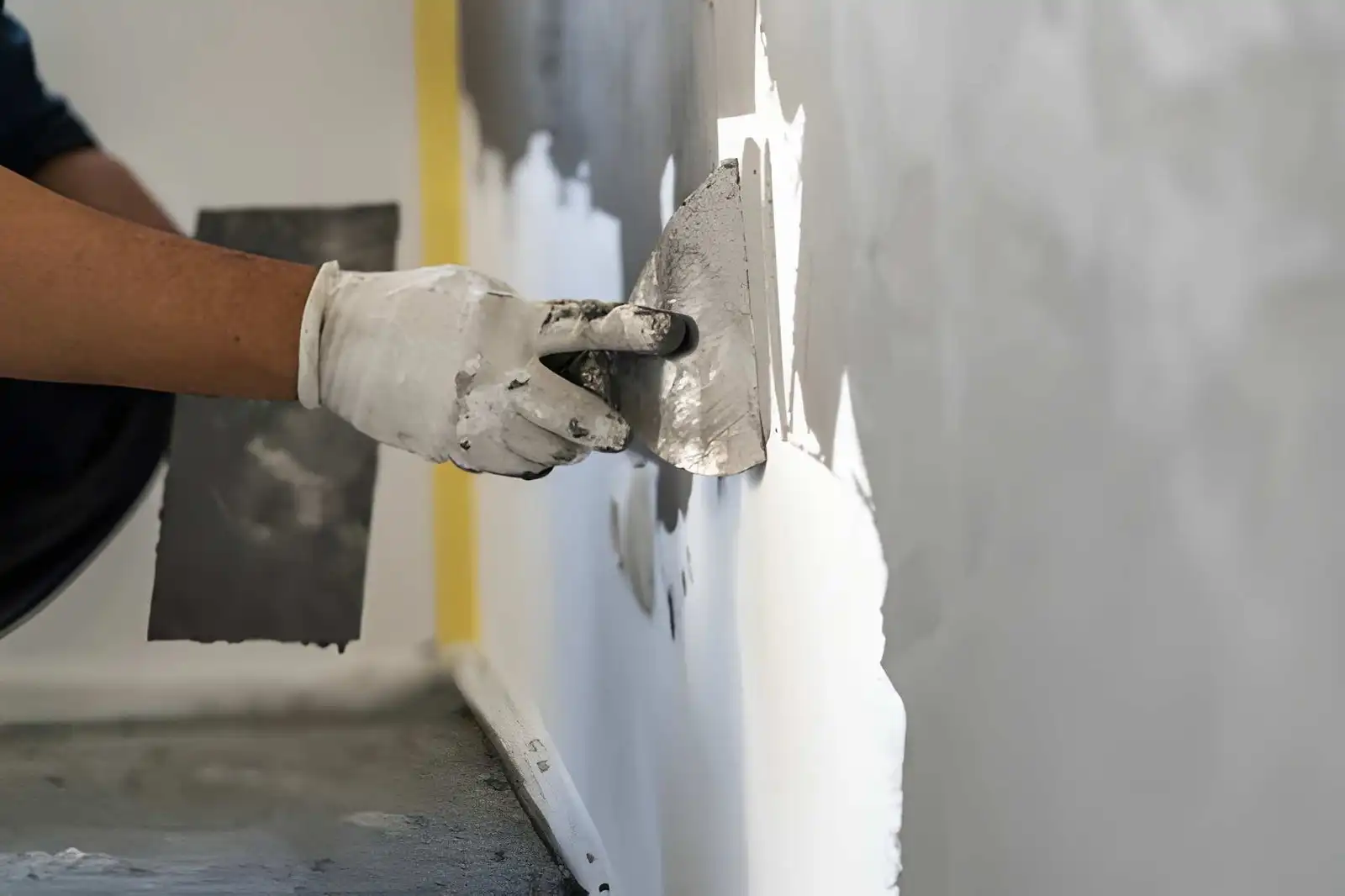 concrete repair service in alexandria va with technician applying plaster to wall surface
