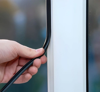 close-up of professional door weatherstripping in oakton va being applied to a white door frame to improve home insulation.