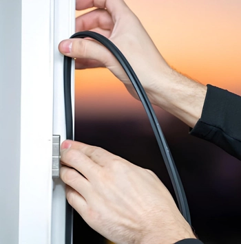 door weatherstripping replacement in merrifield va showing a technician installing a new rubber gasket seal to restore draft protection.
