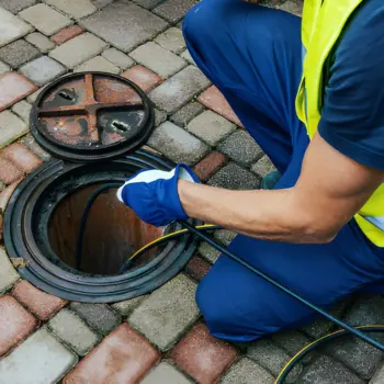 a professional drainage repair in progress, showing a technician in a safety vest using a specialized mechanical snake to clear deep-seated debris from an outdoor sewer access point on a brick-paved surface.