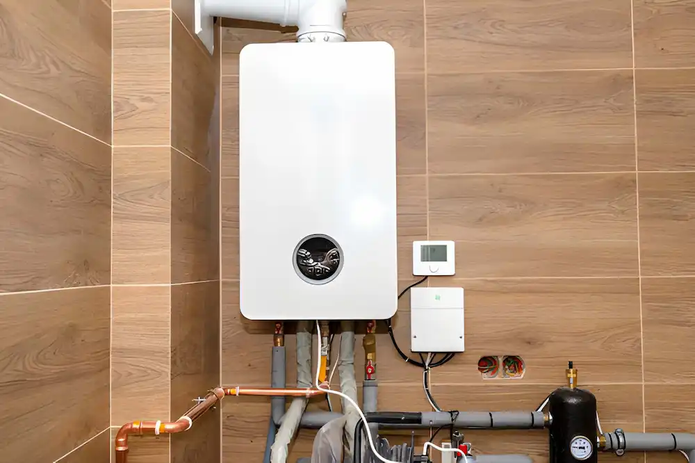 wall-mounted residential furnace system with connected pipes during emergency furnace repair service.