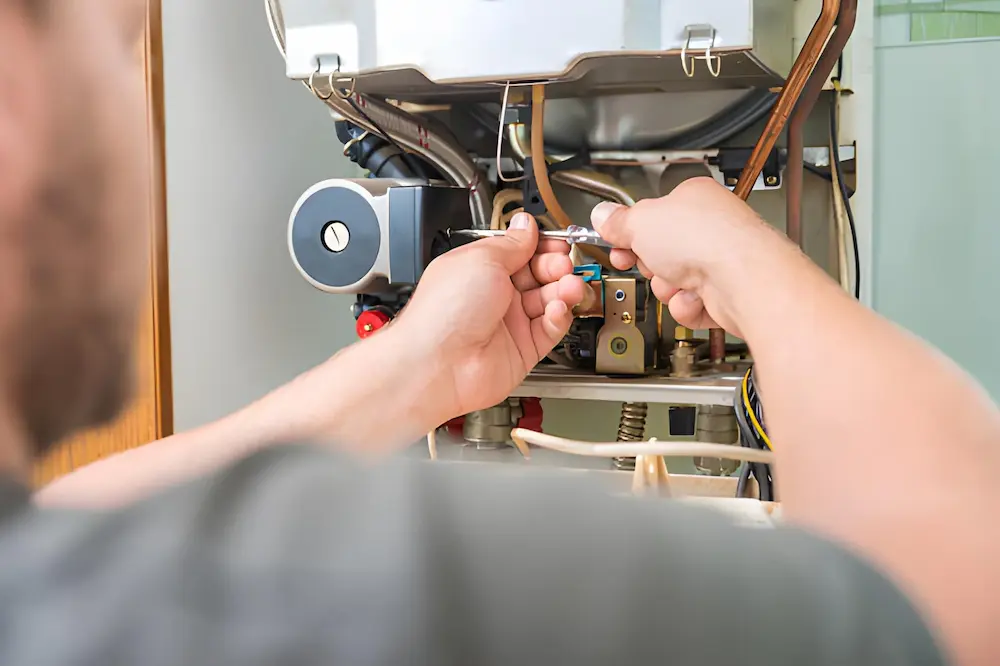 technician repairing internal components of a residential furnace during furnace repair service.