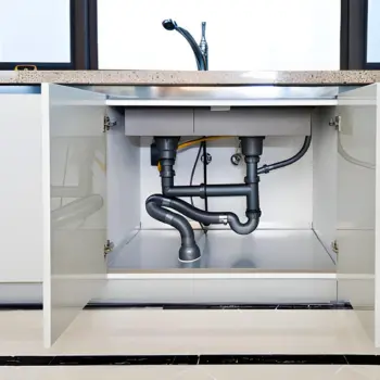 professional kitchen sink leak repair in mclean, va, showcasing a clean, modern plumbing assembly under a white kitchen cabinet with open doors, featuring grey pvc drainage pipes and a p-trap connection.
