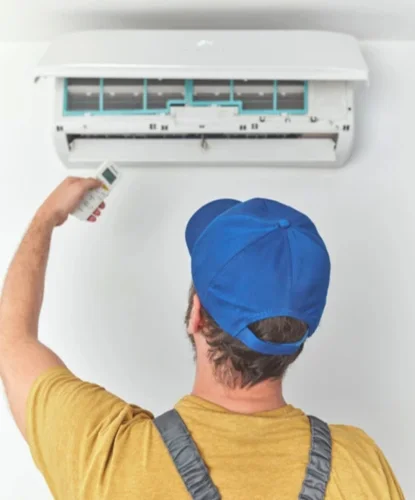 residential ac installation in fairfax va, featuring a technician installing a modern wall-mounted cooling unit for a home office expansion.