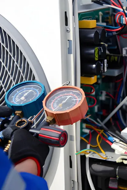 technician performing ac maintenance in falls church va, inspecting the thermostat communication on a modern unit.