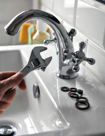 professional bathroom faucet repair in arlington, va, showing a technician’s hand holding an adjustable wrench next to a chrome gooseneck faucet with replacement rubber washers and o-rings on the sink deck.