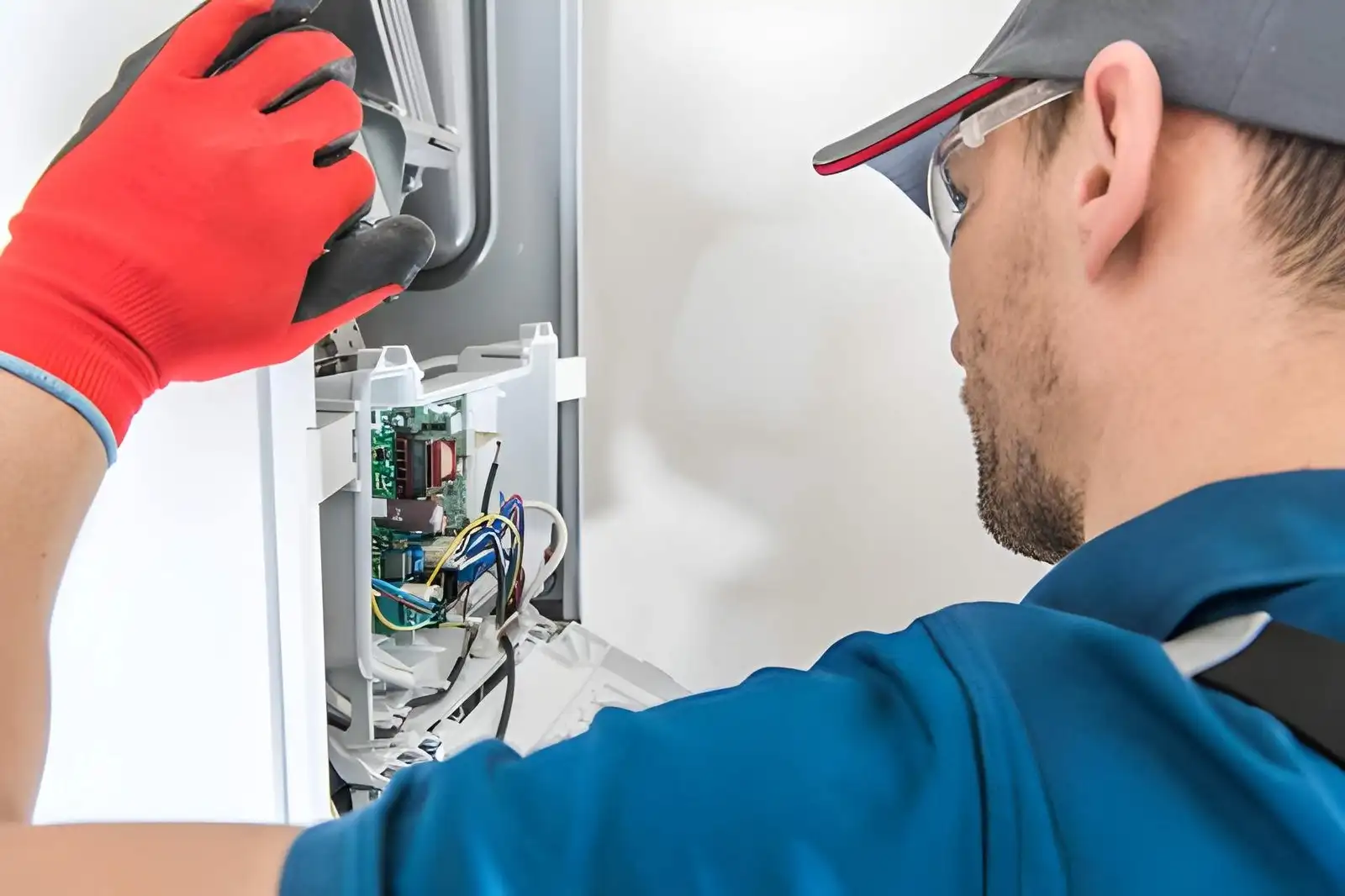 technician performing furnace maintenance and inspecting internal components for proper hvac system operation.