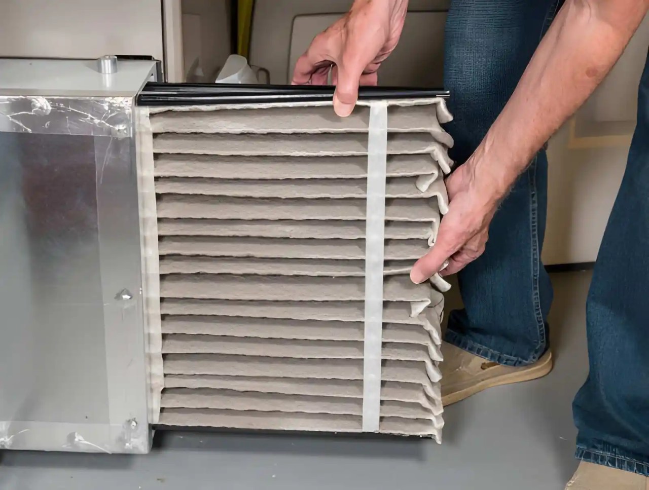 technician installing a new air filter during expert furnace maintenance service to improve hvac performance. reliable furnace maintenance in vienna va