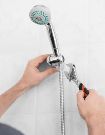 technician repairing handheld shower faucet and tightening connection to fix leak and improve water flow. shower faucet repair in mclean va