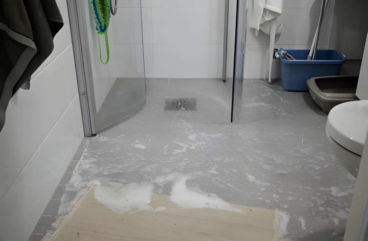 shower leak in lorton va causing water to spread across bathroom floor near glass shower enclosure