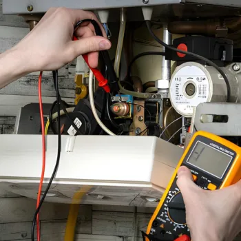 sustainable heating system maintenance in reston va, featuring a technician cleaning a high-efficiency heat pump.