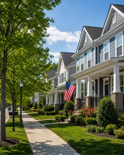 beautiful residential neighborhood in herndon, va with modern homes, green lawns, and tree-lined sidewalks.