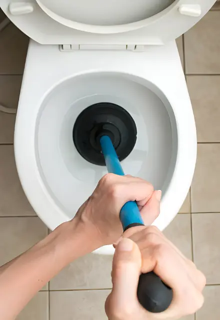 clogged toilet repair in annandale, va, featuring a technician using a heavy-duty blue-handled plunger to eliminate an obstinate bathroom drain block.
