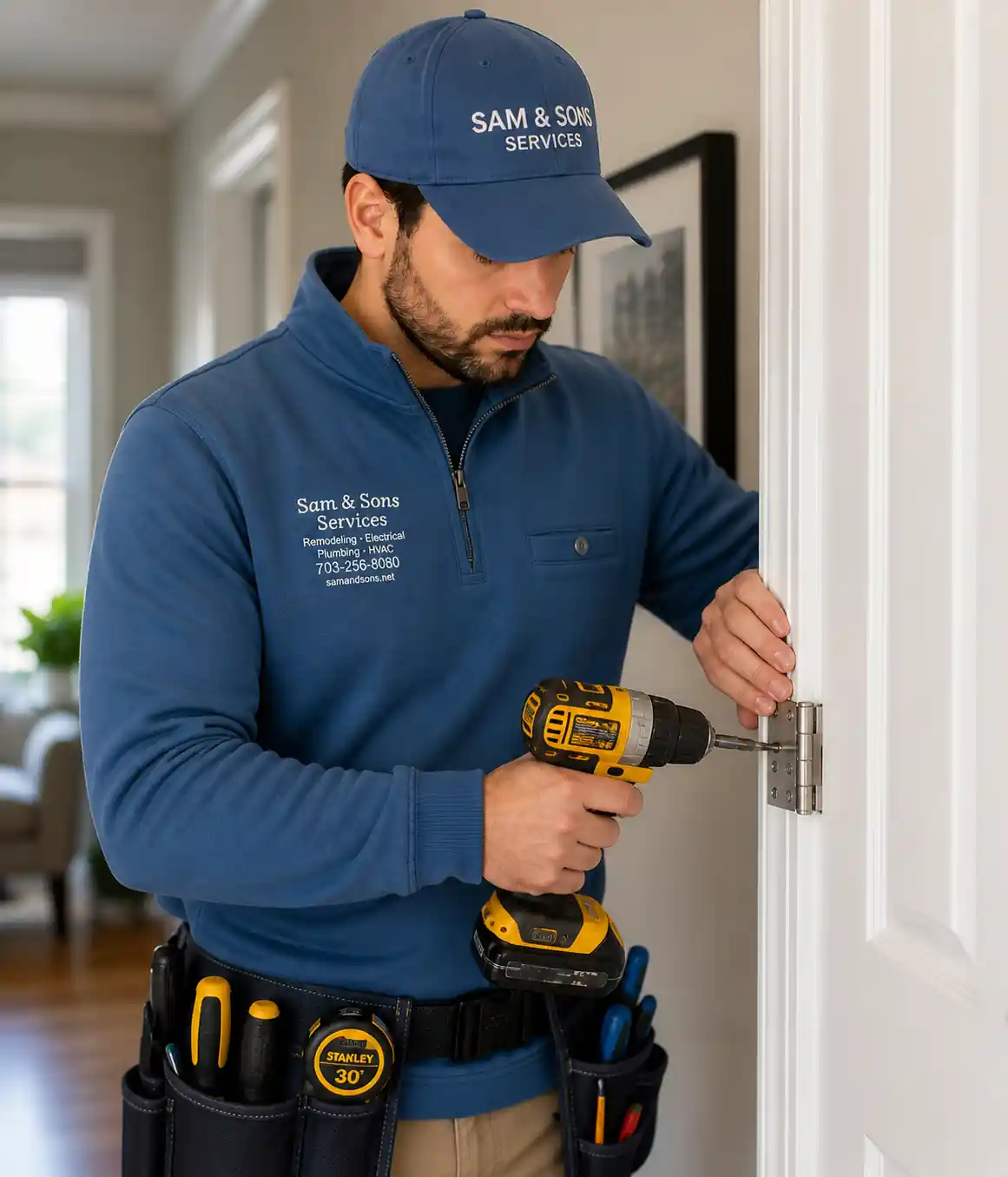 sam & sons handyman completing a door repair with professional tools and uniform.