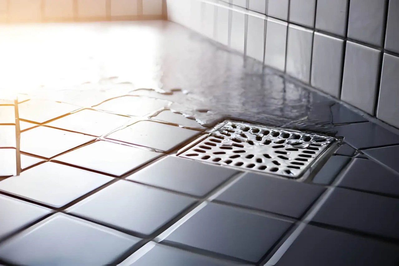 shower drain repair in herndon va, shower floor drain with water flowing across bathroom tiles during shower drain service repair.